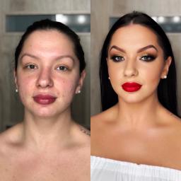 Veronica Fritsch MakeUp - Portret kobiety przed i po makijażu: po lewej stronie cera bez makijażu z widocznymi niedoskonałościami, po prawej pełny makijaż z mocno podkreślonymi oczami złotym cieniem i intensywnie czerwoną...