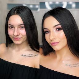 Veronica Fritsch MakeUp - Efekt metamorfozy w Katowicach: porównanie twarzy kobiety przed i po wykonaniu profesjonalnego, wieczorowego make-upu z różowymi cieniami, podkreślonymi rzęsami i matową pomadką.
