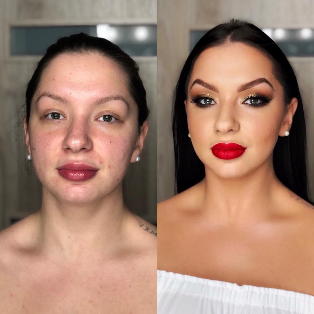 Portret kobiety przed i po makijażu: po lewej stronie cera bez makijażu z widocznymi niedoskonałościami, po prawej pełny makijaż z mocno podkreślonymi oczami złotym cieniem i intensywnie czerwoną...