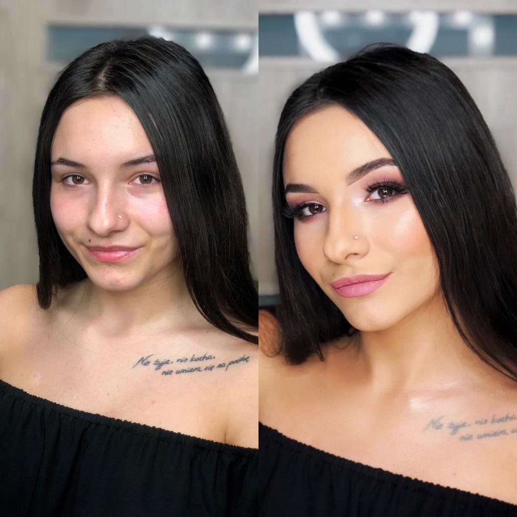 Efekt metamorfozy w Katowicach: porównanie twarzy kobiety przed i po wykonaniu profesjonalnego, wieczorowego make-upu z różowymi cieniami, podkreślonymi rzęsami i matową pomadką.