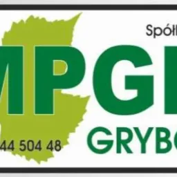 Logo firmy MPGk Grybów Spółka z o.o. z zielonym liściem winogron i numerem telefonu 18 44 504 48