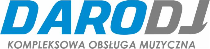 Logo firmy DARO DJ, oferującej kompleksową obsługę muzyczną, z napisem w kolorach niebieskim i szarym.