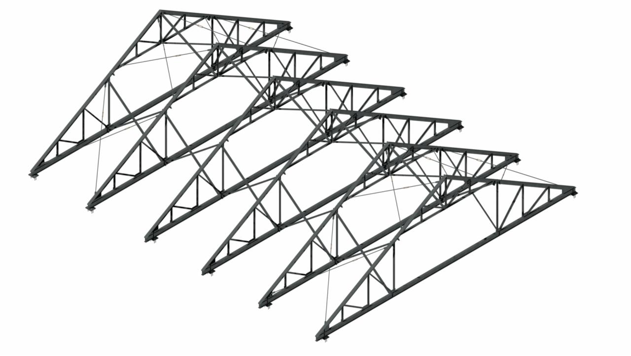 Wizualizacja 3D szeregu stalowych kratownic dachowych w kolorze grafitowym na białym tle, widoczne elementy mocujące i liny stabilizujące.