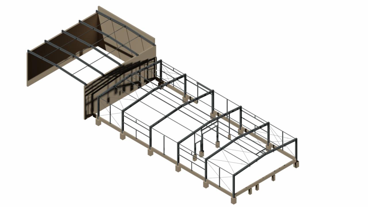 Wizualizacja 3D konstrukcji stalowej hali przemysłowej z widocznymi elementami nośnymi i fundamentami, przedstawiona w perspektywie izometrycznej na białym tle.