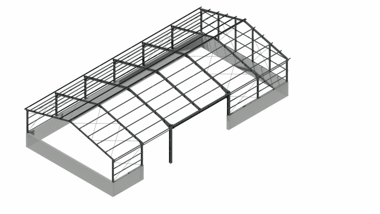 Wizualizacja 3D konstrukcji stalowej hali z elementami zadaszenia, widok z góry, szkielet budynku.