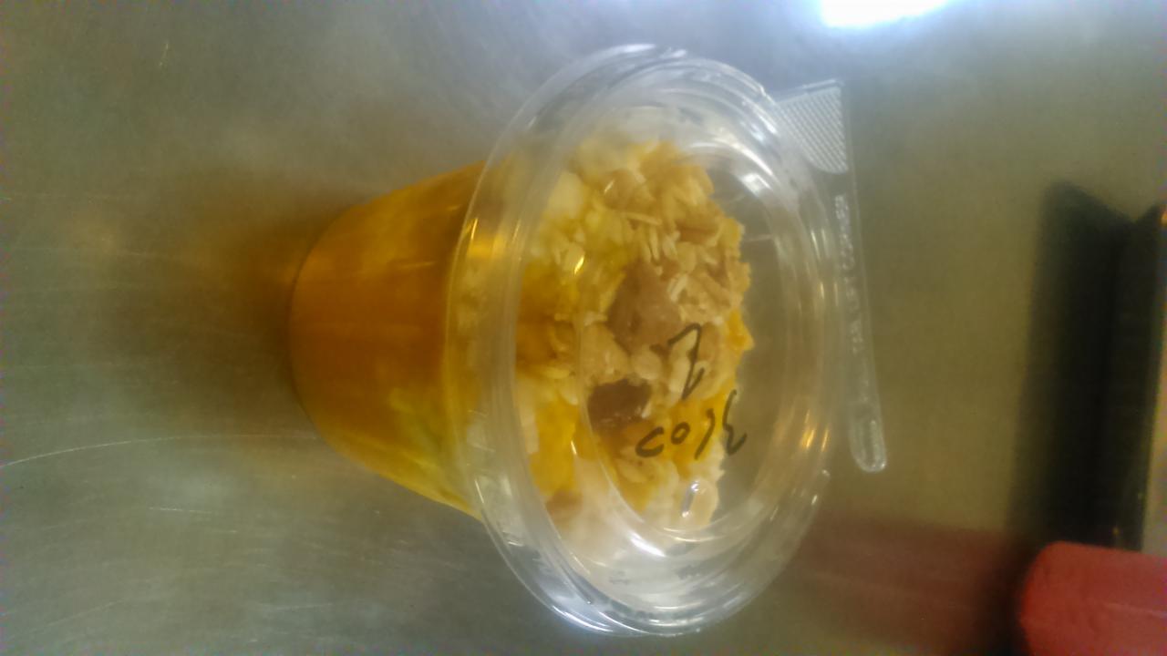 Deser w przezroczystym plastikowym pojemniku z widocznymi warstwami: żółty krem, biała masa i posypka z płatków. Na pojemniku widoczne napisy flamastrem.