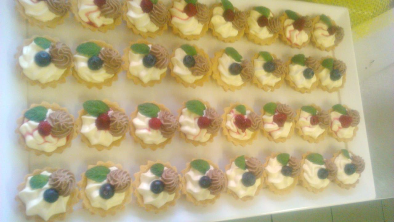 Tarty na białym prostokątnym talerzu, każda z kremem, owocem (borówka lub malina) i listkiem mięty, ułożone w rzędach.