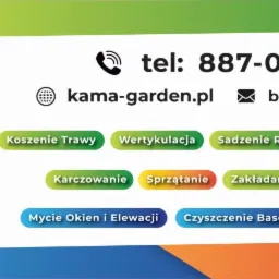 Logo firmy Kama-Garden z ofertą usług: koszenie trawy, wertykulacja, sadzenie roślin, przycinanie drzew i krzewów, karczowanie, sprzątanie, zakładanie trawnika, mycie okien i elewacji, czyszczenie...