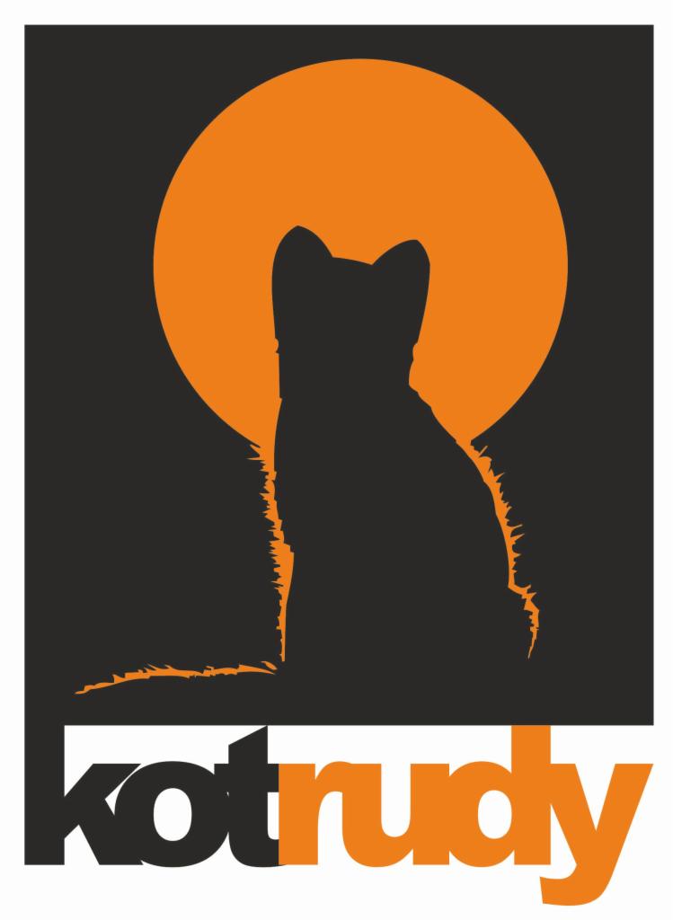 Grafika wektorowa przedstawiająca czarną sylwetkę siedzącego kota na tle pomarańczowego koła, z napisem 'kotrudy' w dolnej części obrazu, gdzie litery 'kot' są czarne, a 'rudy' pomarańczowe.