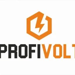 Logo firmy PROFI VOLT z pomarańczowym symbolem błyskawicy w heksagonie nad czarnym napisem nazwy firmy, z pomarańczowym VOLT.
