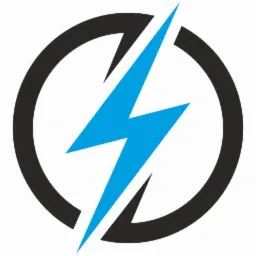 Stylizowany symbol błyskawicy w kolorze błękitnym, przecinający czarny okrąg, na białym tle.