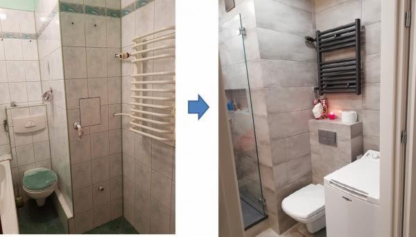 Porównanie łazienki przed i po remoncie: stara, zielona toaleta i biały grzejnik drabinkowy kontra nowa, szara glazura, szklana kabina prysznicowa i czarny grzejnik.