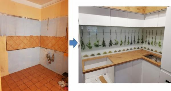 Porównanie stanu przed i po remoncie kuchni w Katowicach: od surowych ścian z fragmentami płytek do nowoczesnej zabudowy z drewnianym blatem i szklanym panelem z motywem ziół.