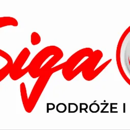 Logo firmy Siga z czerwonym napisem kursywą i kompasem z żółtym sercem w środku, poniżej napis 'Podróże i Rozwój'.