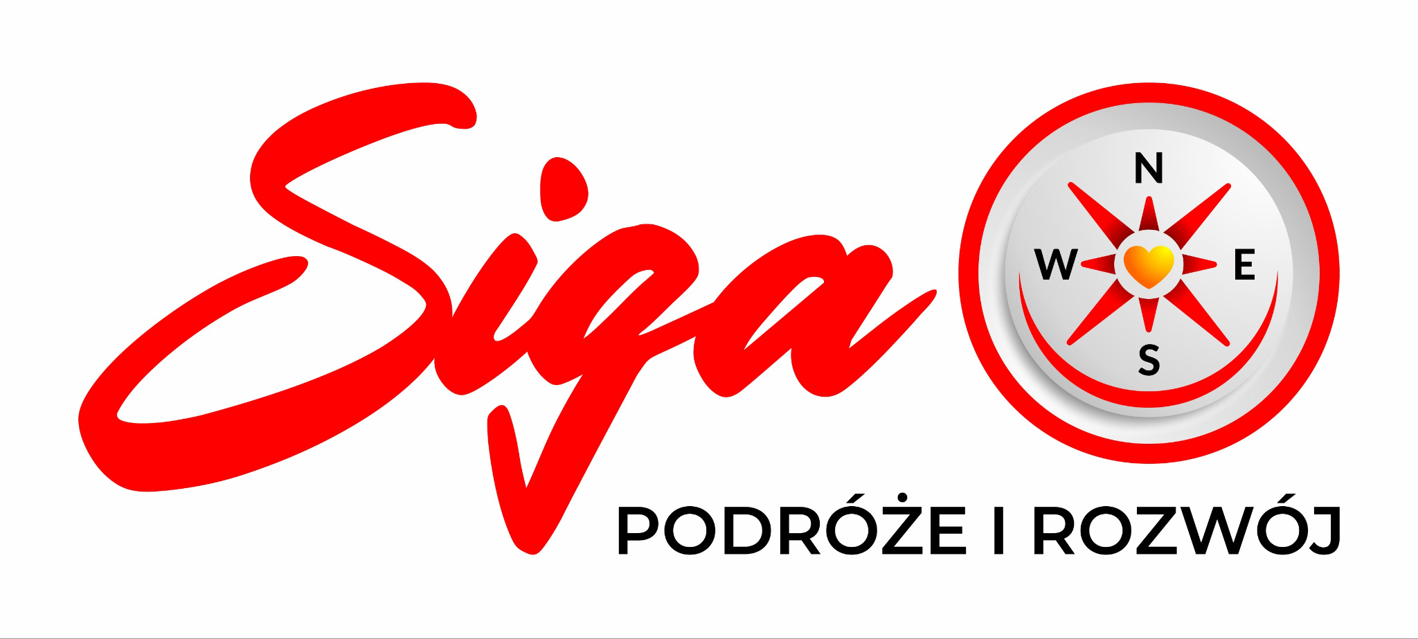 Logo firmy Siga z czerwonym napisem kursywą i kompasem z żółtym sercem w środku, poniżej napis 'Podróże i Rozwój'.