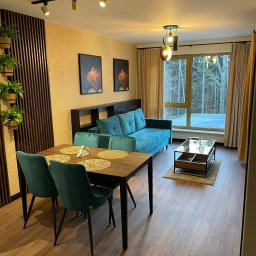 Vitalii Savchenko - Jasne wnętrze pokoju dziennego z turkusową sofą, drewnianym stołem jadalnym i widokiem na las za oknem.