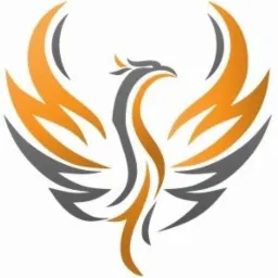 Stylizowany, symetryczny logotyp przedstawiający feniksa w kolorach pomarańczowym i szarym na białym tle.