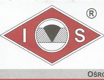Logo Instytutu Ochrony Spawalnictwa w Gliwicach, czerwony romb z białym okręgiem w środku, w okręgu symbol spoiny, nad rombem symbol zastrzeżonego znaku towarowego.