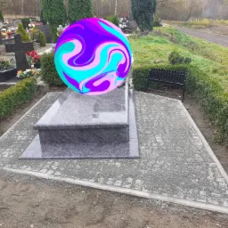 Granitowy nagrobek na cmentarzu, otoczony ścieżką z drobnej kostki, obrzeża z betonowych krawężników, w tle inne nagrobki i drzewa.