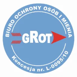 Okrągłe logo w odcieniach błękitu i czerwieni z napisem 'GROT' i tekstem 'BIURO OCHRONY OSÓB I MIENIA' oraz numerem koncesji L-0095/10.