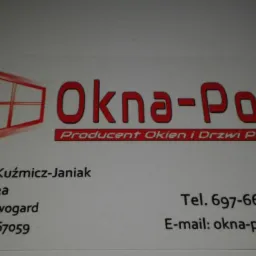 Wizytówka firmy Okna-Pol, producenta okien i drzwi z PCV, z adresem, numerem telefonu i adresem e-mail. Logo firmy przedstawia schematyczne okno.