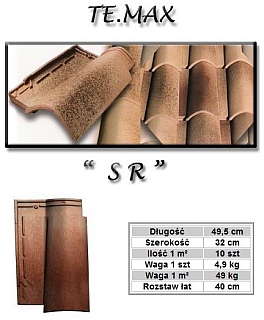 Prezentacja włoskiej dachówki ceramicznej Te.Max SR z widocznymi detalami konstrukcyjnymi, wymiarami i wagą. Na zdjęciu zbliżenie na pojedynczą dachówkę, fragment ułożonego dachu oraz tabela ze...
