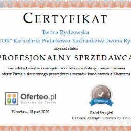 Certyfikat 'Profesjonalny Sprzedawca' dla Kancelarii Podatkowo-Rachunkowej Iwona Rydzewska, wydany przez Oferteo.pl, potwierdzający wiedzę i umiejętności w zakresie prezentowania oferty i rozmów...