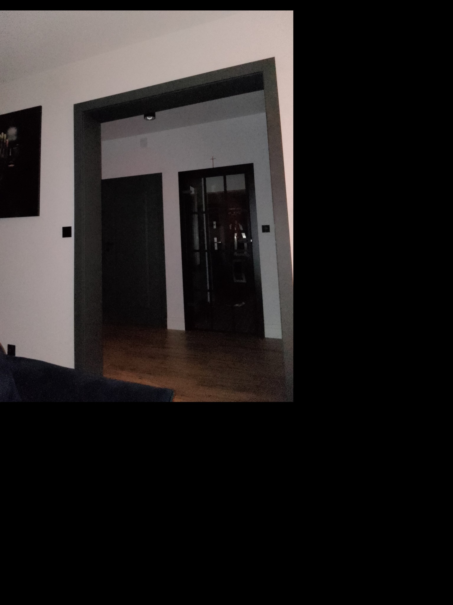 Wnętrze mieszkania po odświeżeniu, widoczne odnowione futryny drzwiowe w ciemnym kolorze, ściany w jasnych odcieniach i drewniana podłoga.