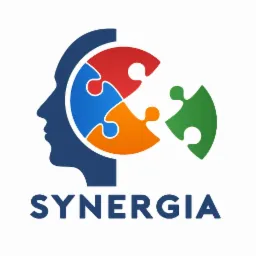 Grafika logo firmy Synergia: profil głowy w kolorze granatowym z czterema kolorowymi elementami puzzli (czerwony, niebieski, pomarańczowy, zielony) tworzącymi mózg.