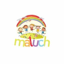 Kolorowa ilustracja przedstawiająca grupę uśmiechniętych dzieci pod tęczą, nad napisem 'maluch', z motywami trawy i motyli.