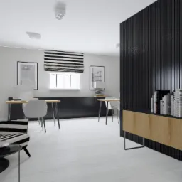 Wizualizacja nowoczesnego biura z czarno-białymi akcentami: krzesła w paski, minimalistyczne biurka, czarna ściana z drewnianą komodą i dekoracjami, okno z roletą w paski.