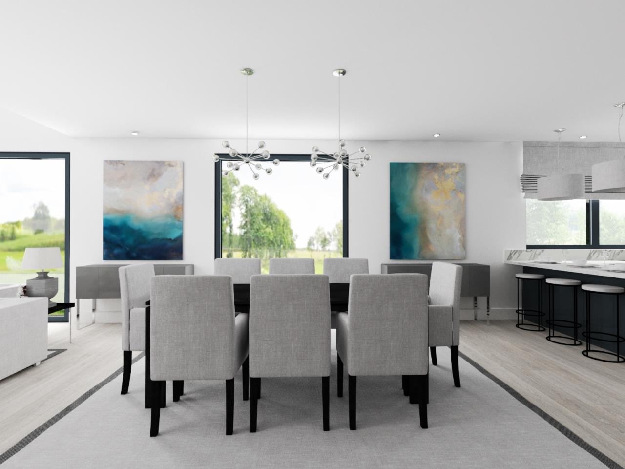 Jasna jadalnia z czarnym stołem, szarymi krzesłami, abstrakcyjnymi obrazami na ścianach i nowoczesnymi lampami wiszącymi.