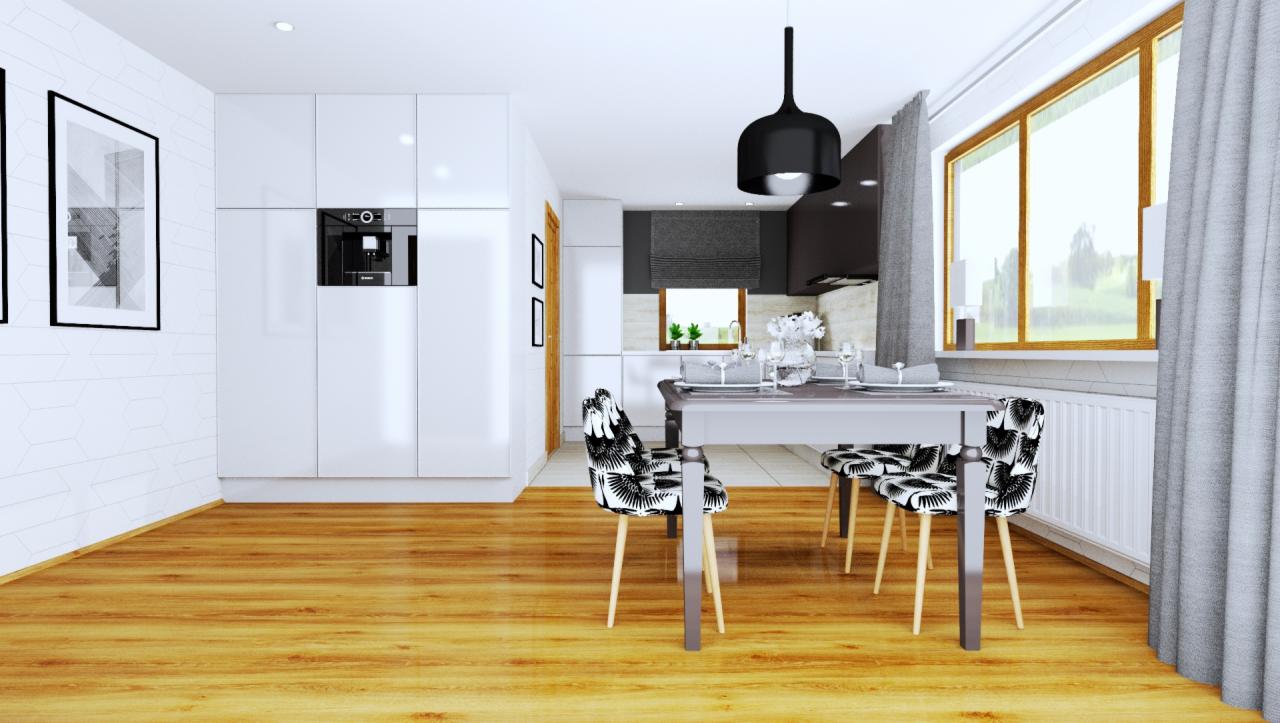 Jasna kuchnia z drewnianą podłogą i białymi szafkami, stół z krzesłami w czarno-białe wzory, okno z drewnianą ramą i szarą zasłoną.
