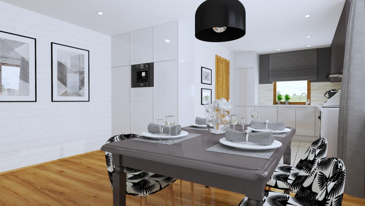 Nowoczesna jadalnia z szarym stołem, nakrytym dla sześciu osób, czarno-białe krzesła, białe ściany z geometrycznymi obrazami, zabudowa kuchenna z wbudowanym ekspresem do kawy i oknem z roletą...