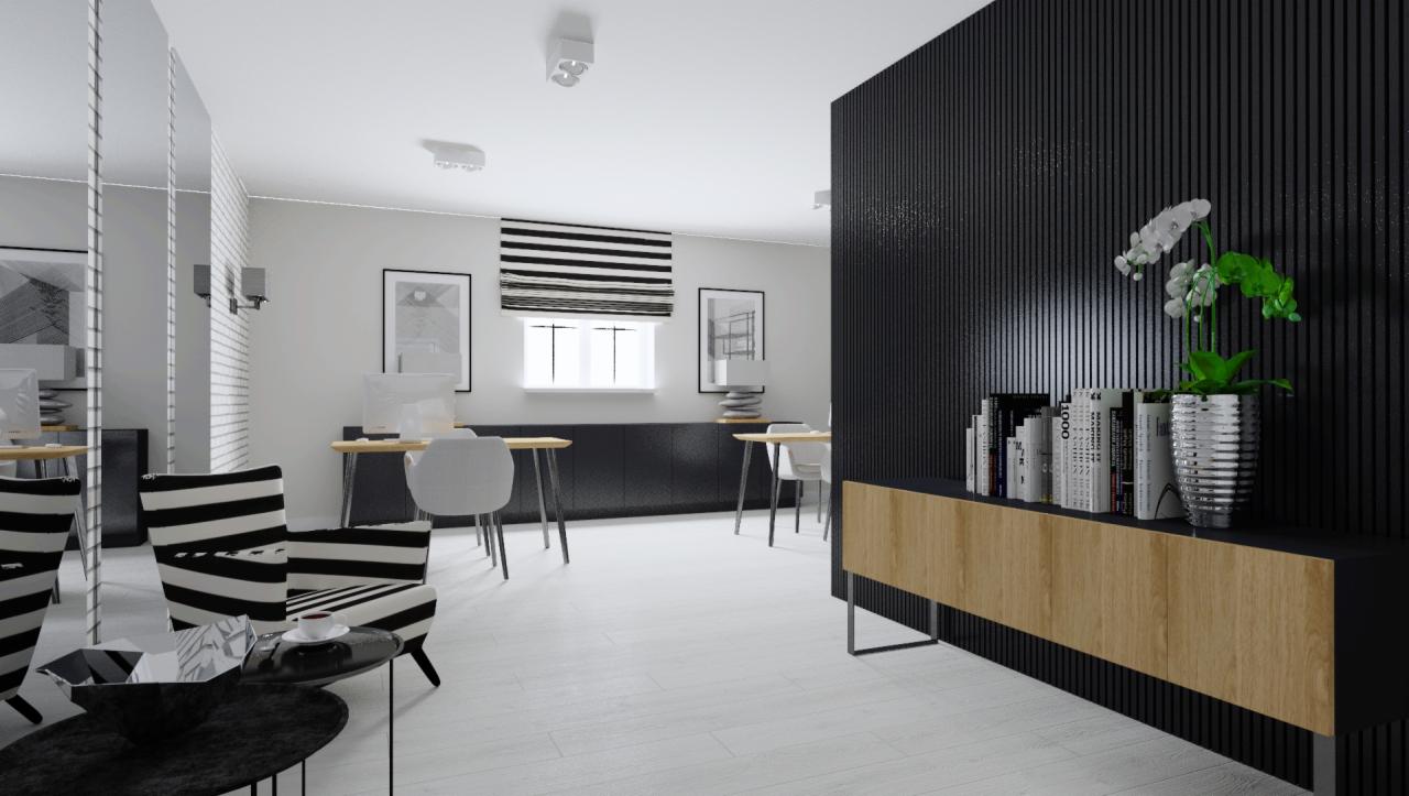 Wizualizacja nowoczesnego biura z czarno-białymi akcentami: krzesła w paski, minimalistyczne biurka, czarna ściana z drewnianą komodą i dekoracjami, okno z roletą w paski.