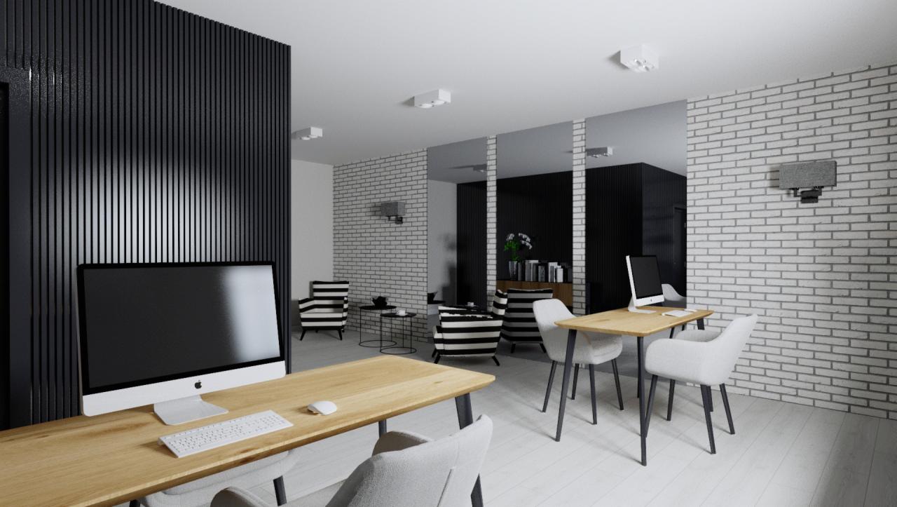 Nowoczesne biuro w Pleszewie z drewnianymi biurkami, białymi krzesłami i ścianami z białej cegły, oświetlone minimalistycznymi lampami sufitowymi.