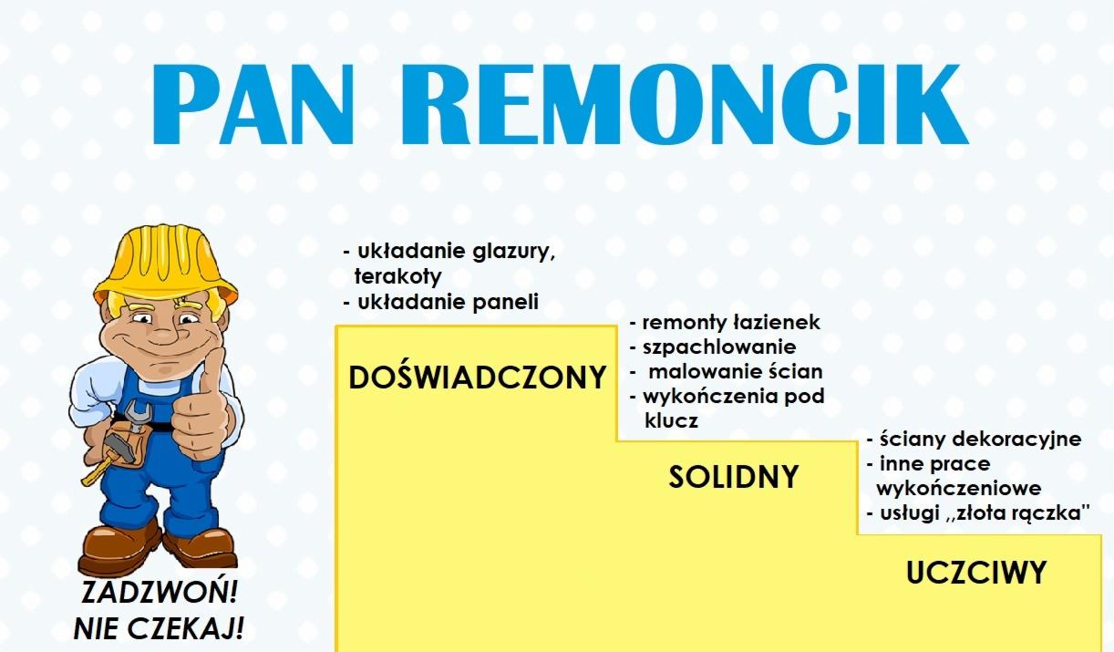 Grafika reklamowa firmy remontowej Pan Remoncik, z kreskówkową postacią robotnika w kasku i kombinezonie, oferującej usługi takie jak układanie glazury i paneli, remonty łazienek, malowanie ścian...