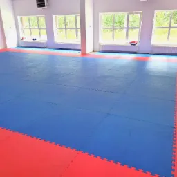 Pusta sala gimnastyczna z niebiesko-czerwonymi matami podłogowymi, jasne wnętrze z trzema oknami i grzejnikami, widok na zieleń za oknami.