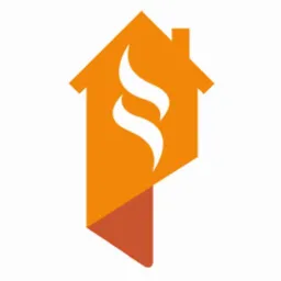 Pomarańczowe logo w kształcie domu z białym symbolem ciepła wewnątrz i ciemniejszą pomarańczową zakładką na dole.