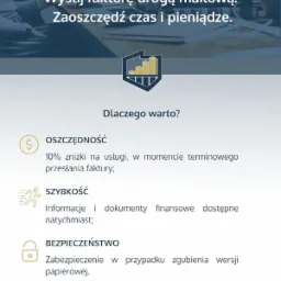 Grafika reklamowa zachęcająca do przesyłania faktur drogą mailową, z motywami oszczędności, szybkości i bezpieczeństwa danych finansowych.