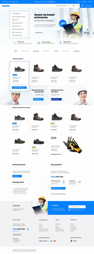 Układ strony sklepu internetowego z ofertą kasków ochronnych, obuwia roboczego i odzieży BHP, z grafiką kobiety w kasku i kamizelce odblaskowej.