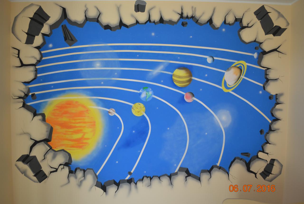 Artystyczne malowidło na ścianie przedstawiające Układ Słoneczny z efektem 3D pękniętej ściany, wykonane w 2016 roku.