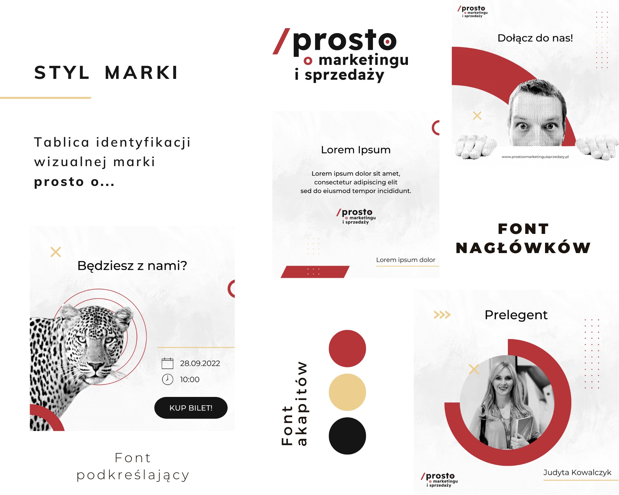 Projekt identyfikacji wizualnej marki z elementami graficznymi, typografią i zdjęciami, w tym zdjęcie leoparda i osoby prelegenta, z akcentami kolorystycznymi.