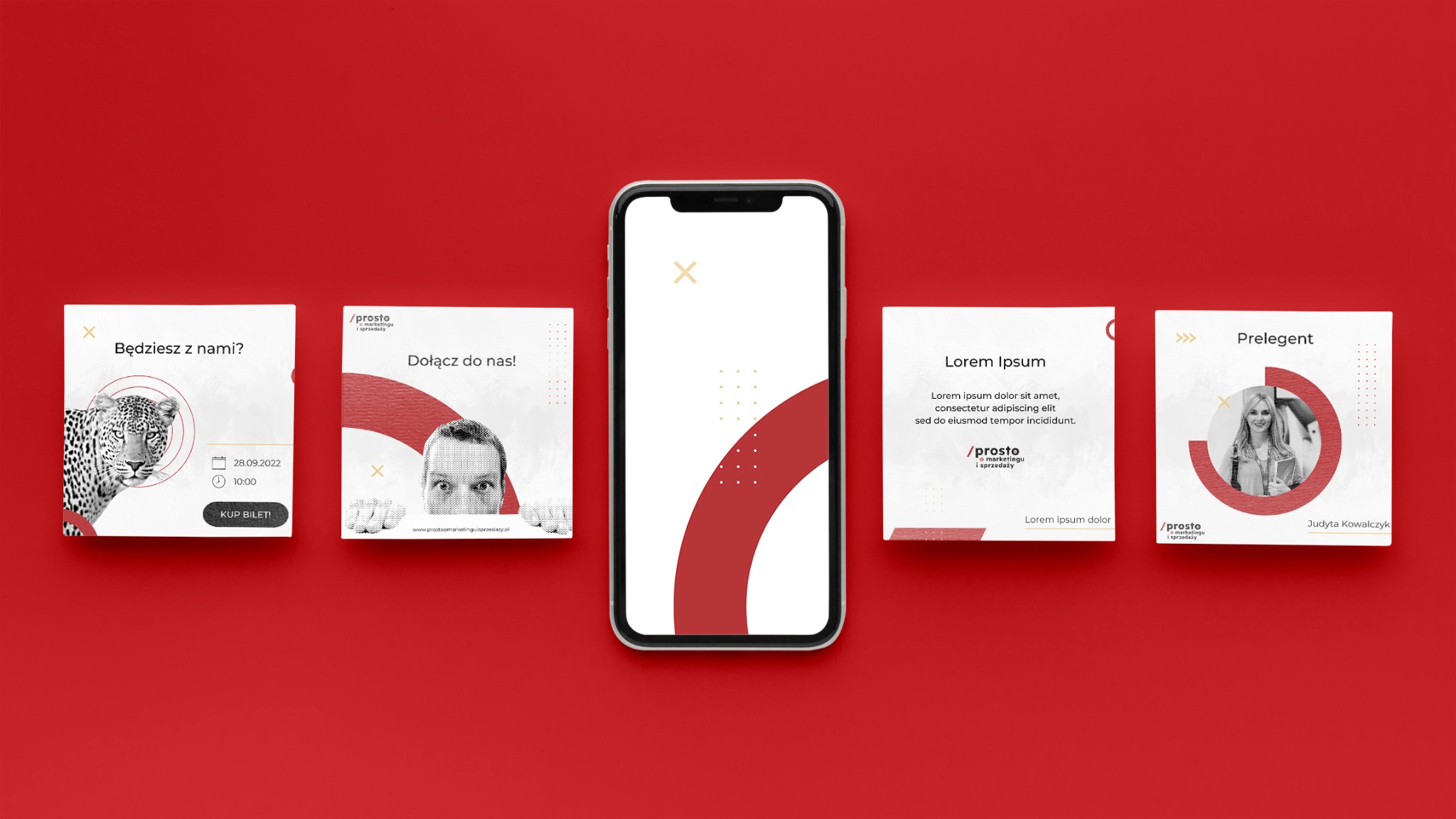 Kompozycja graficzna z centralnie umieszczonym smartfonem prezentującym element identyfikacji wizualnej, otoczonym przez cztery kwadratowe grafiki z elementami brandingowymi i informacyjnymi...