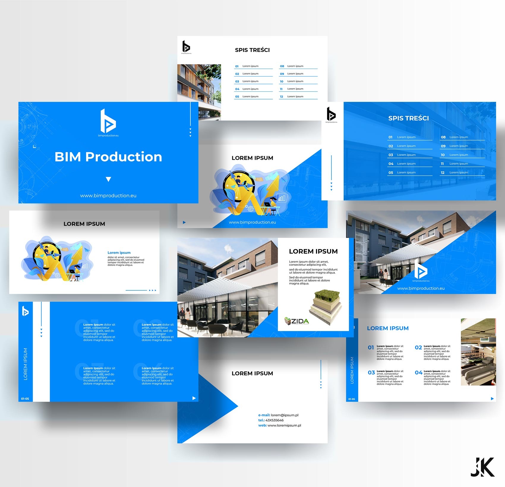 Slajd prezentacji firmy BIM Production z wizualizacjami architektonicznymi budynków, planami i abstrakcyjnymi grafikami ilustrującymi proces projektowania.