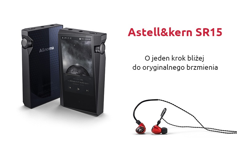 Czarny odtwarzacz audio Astell&Kern SR15 z wyświetlaczem prezentującym okładkę albumu i czerwone słuchawki dokanałowe na białym tle.