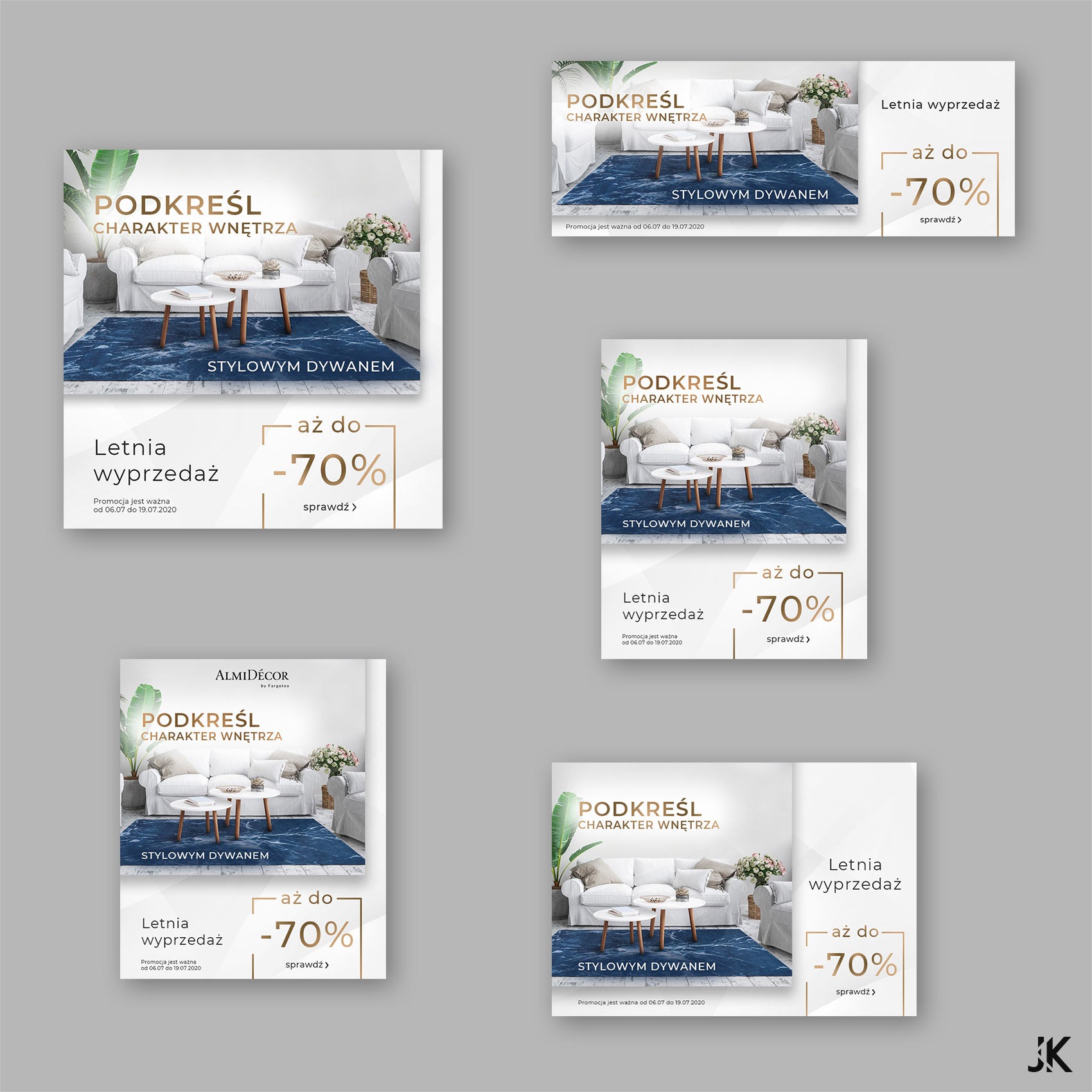 Seria identycznych banerów reklamowych z aranżacją wnętrza: biała sofa, stoliki i dywan w odcieniach granatu, informacja o letniej wyprzedaży -70% oraz logo firmy AlmiDecor.