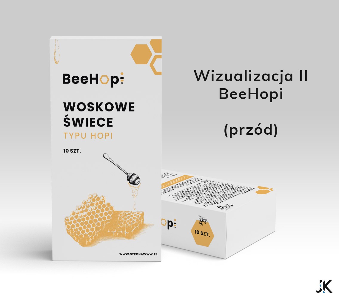 Wizualizacja opakowania woskowych świec typu Hopi BeeHop: widok z przodu pudełka z grafiką plastra miodu i aplikatorem do miodu, obok drugie pudełko w perspektywie.