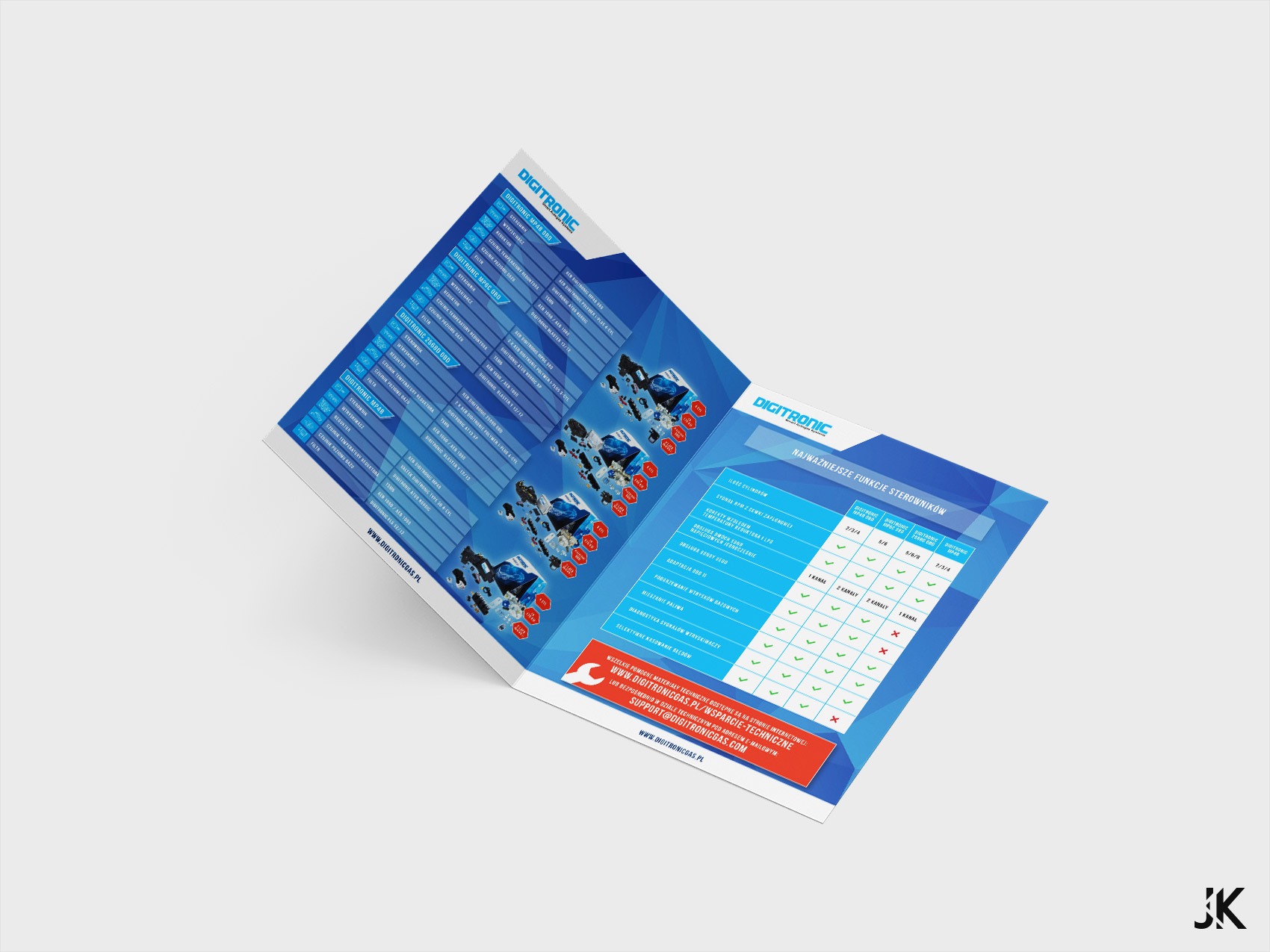 Rozkładana broszura informacyjna firmy Digitronic prezentująca sterowniki LPG/CNG, z tabelą porównawczą funkcji i zdjęciami produktów na białym tle.