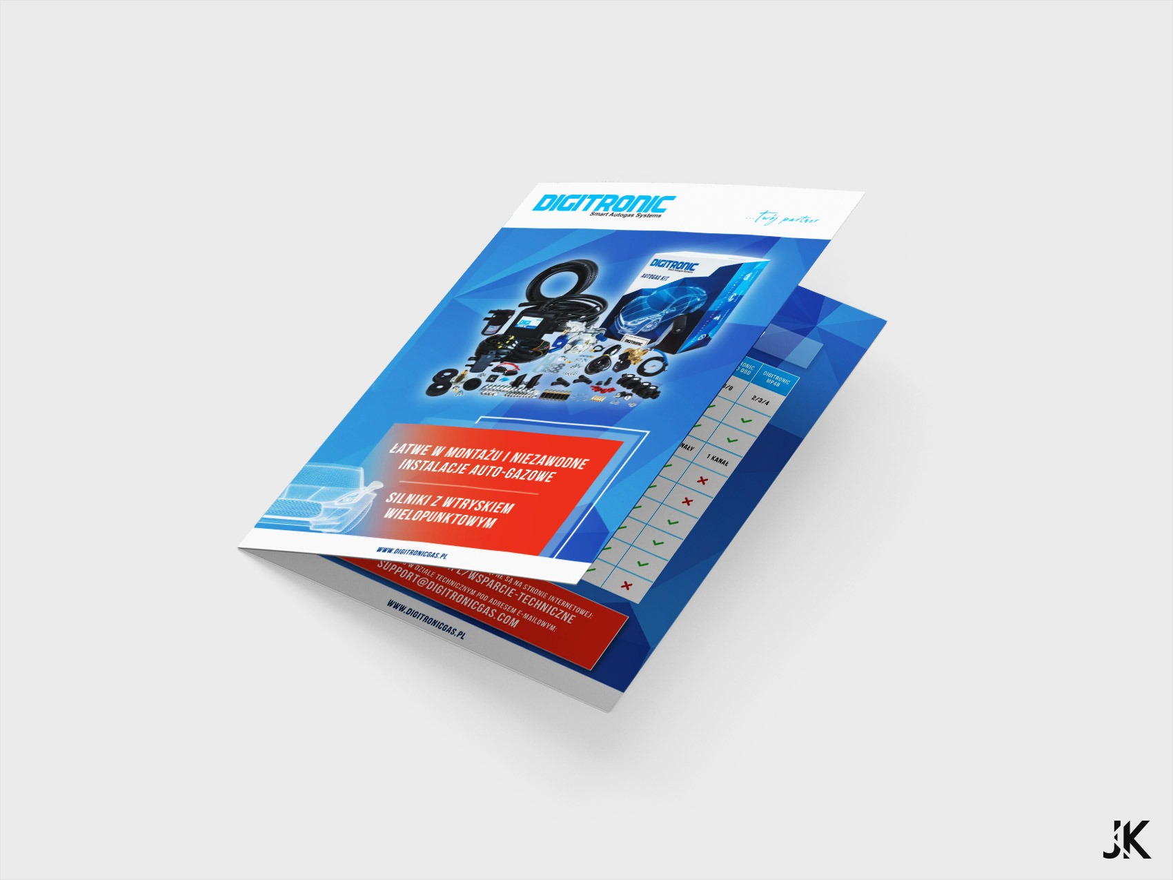 Rozłożona, dwustronna ulotka reklamowa firmy Digitronic prezentująca zestawy do instalacji auto-gazowych, z widocznymi komponentami zestawu i tabelą porównawczą parametrów.